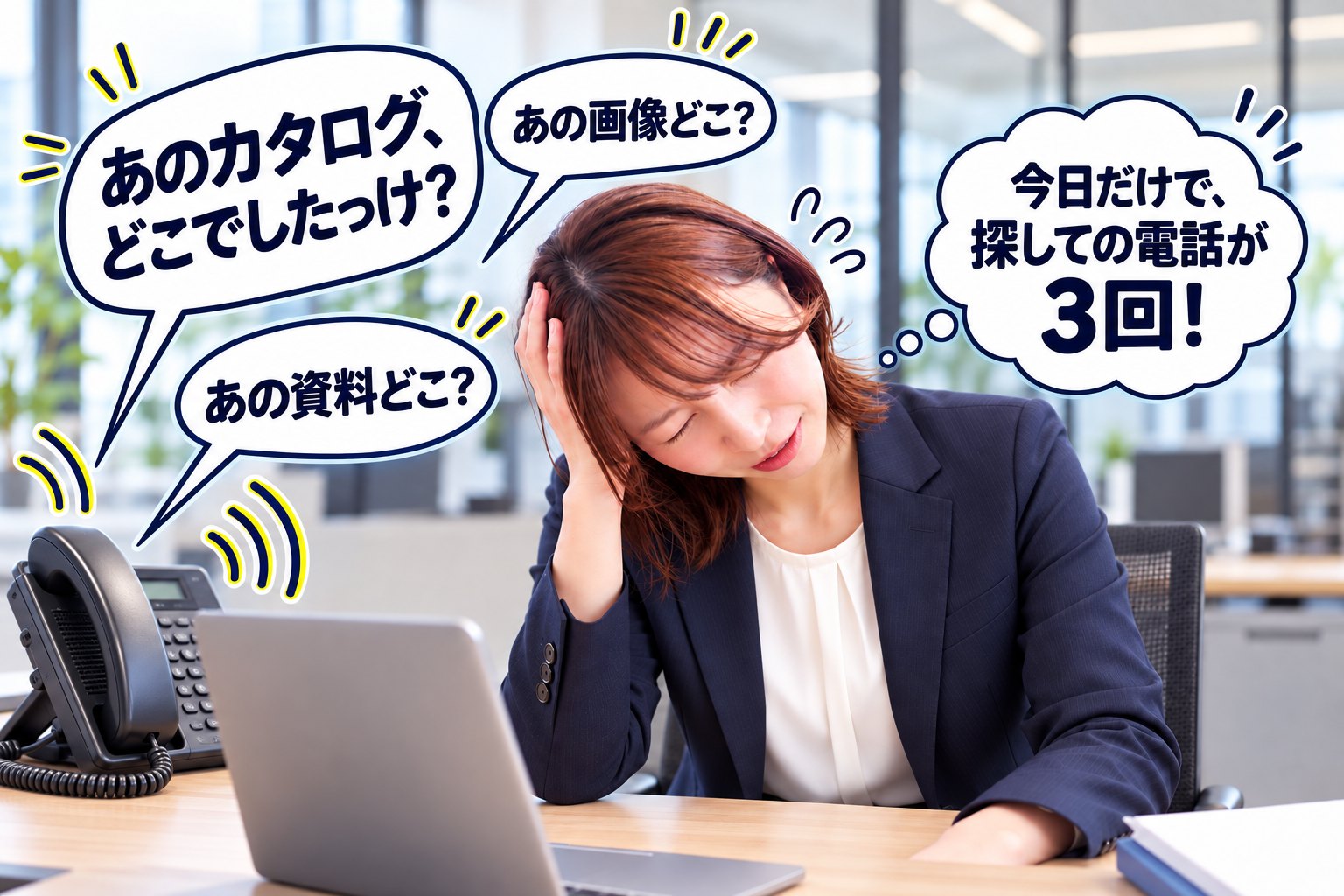 鳴り続ける電話から「あのカタログ、どこでしたっけ？」「あの画像どこ？」「あの資料どこ？」と聞かれ、頭を抱える会社員。「今日だけで、探しての電話が3回！」