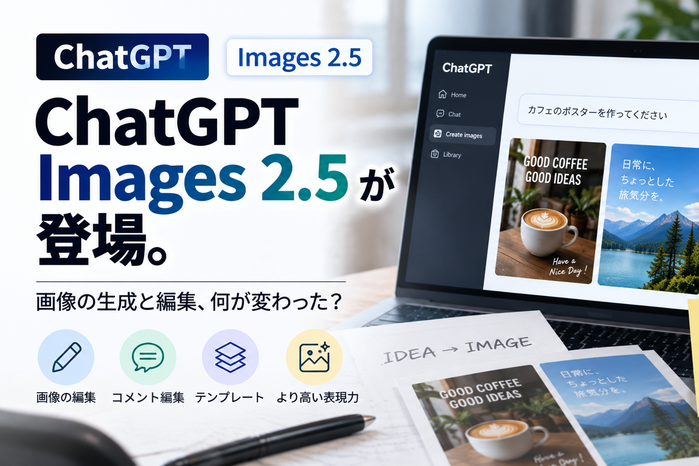 ChatGPT Images 2.5が登場。画像の生成と編集、何が変わった？ ノートパソコンでChatGPTの画像生成を使っている様子