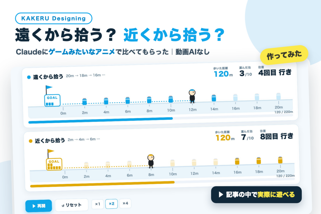 「遠くから拾う？近くから拾う？」をClaudeにアニメで比べてもらった。動画AIなしで、ブラウザで動く