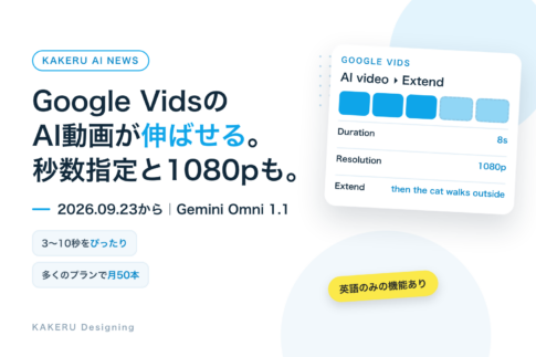 Google VidsにGemini Omni 1.1 Flash。AI動画を伸ばす・秒数指定・1080p