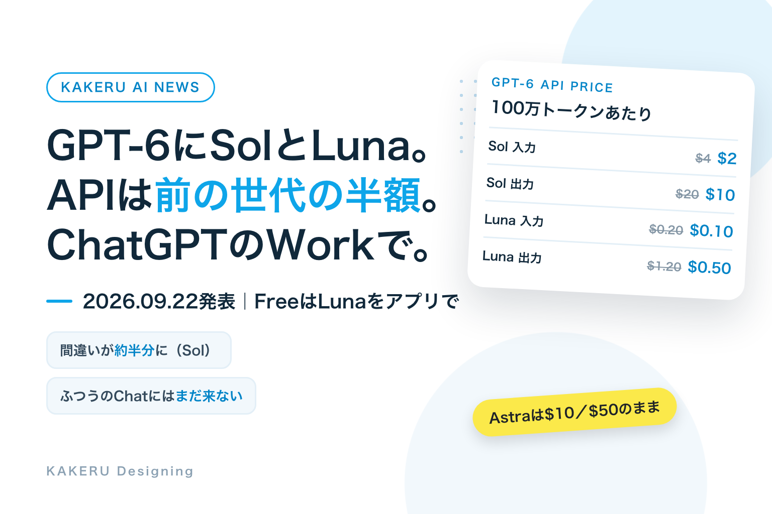 GPT-6 SolとLuna発表。APIは前の世代の半額、ChatGPTのWorkで使える
