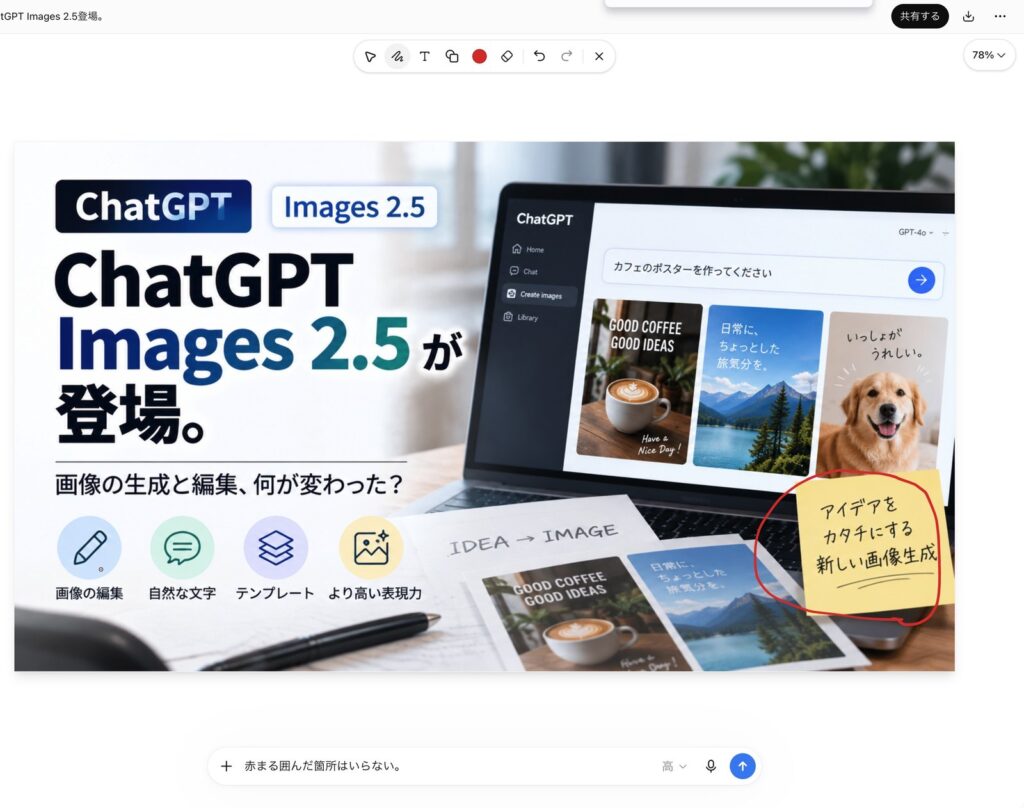 ChatGPT Images 2.5の編集画面。消したい付箋を赤ペンで丸く囲み、入力欄に「赤まる囲んだ箇所はいらない。」と指示している