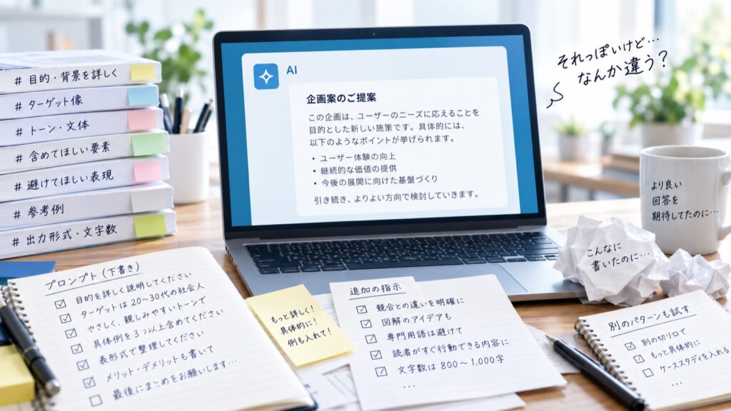 条件を書き足したプロンプトのメモと、それっぽいけれど物足りないAIの出力
