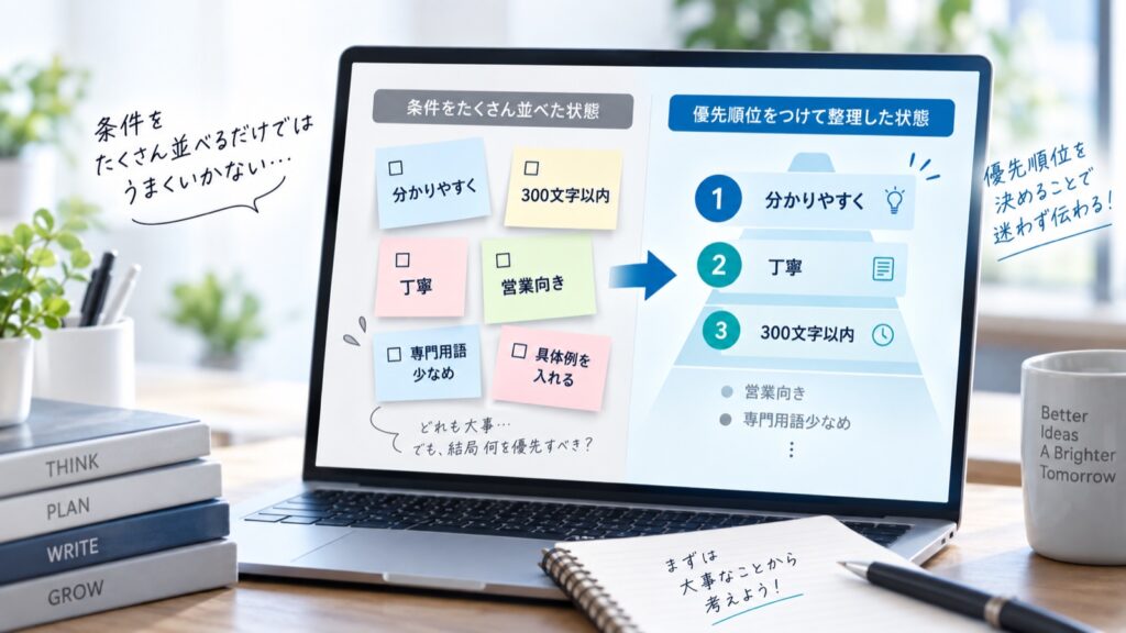 条件をたくさん並べた状態と、優先順位をつけて整理した状態の比較