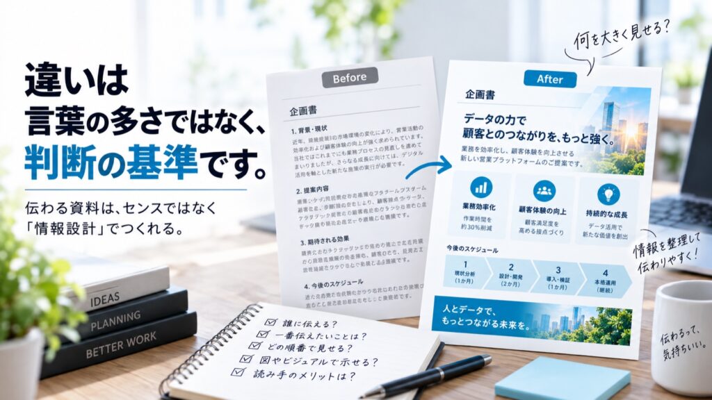 文章を詰め込んだ企画書(Before)と、何を大きく見せるかを整理した企画書(After)の比較