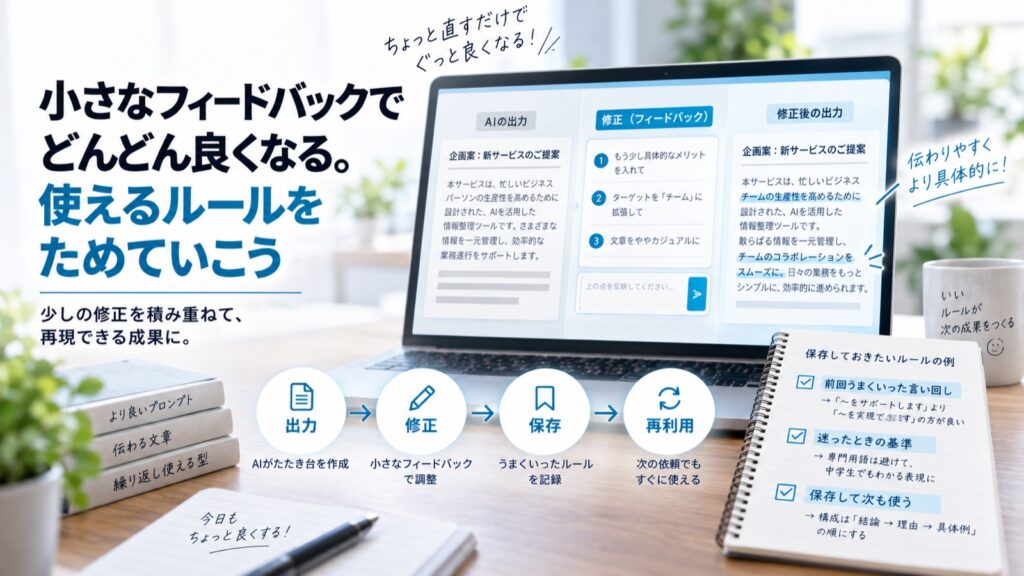 AIの出力を修正し、うまくいったルールを保存して次に再利用する流れ