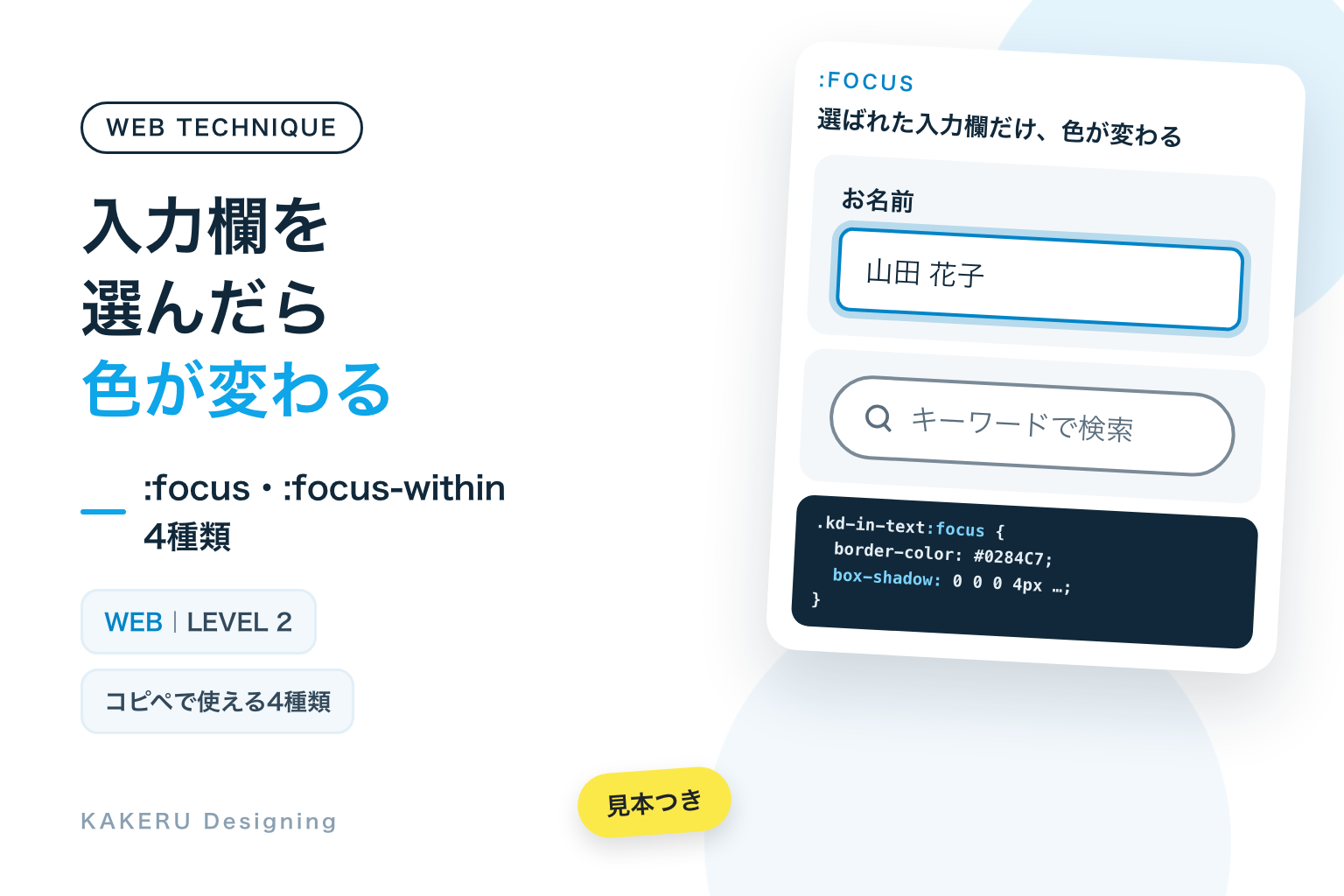 入力欄を選んだら色が変わる。見本とコード